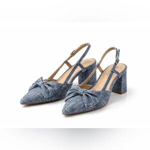 Journee Collection Bow Slingback Pumps 7.5 Blue Linen Look Block Heel
